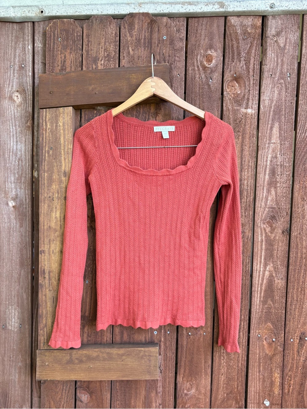 Ryegrass Burnt Orange Terracotta Pointelle Knit Western Boho Knit Top